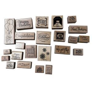 Wooden Rubber Stamps Bundle Lot of 23 Holiday and Birthday Seasonal Stamping
